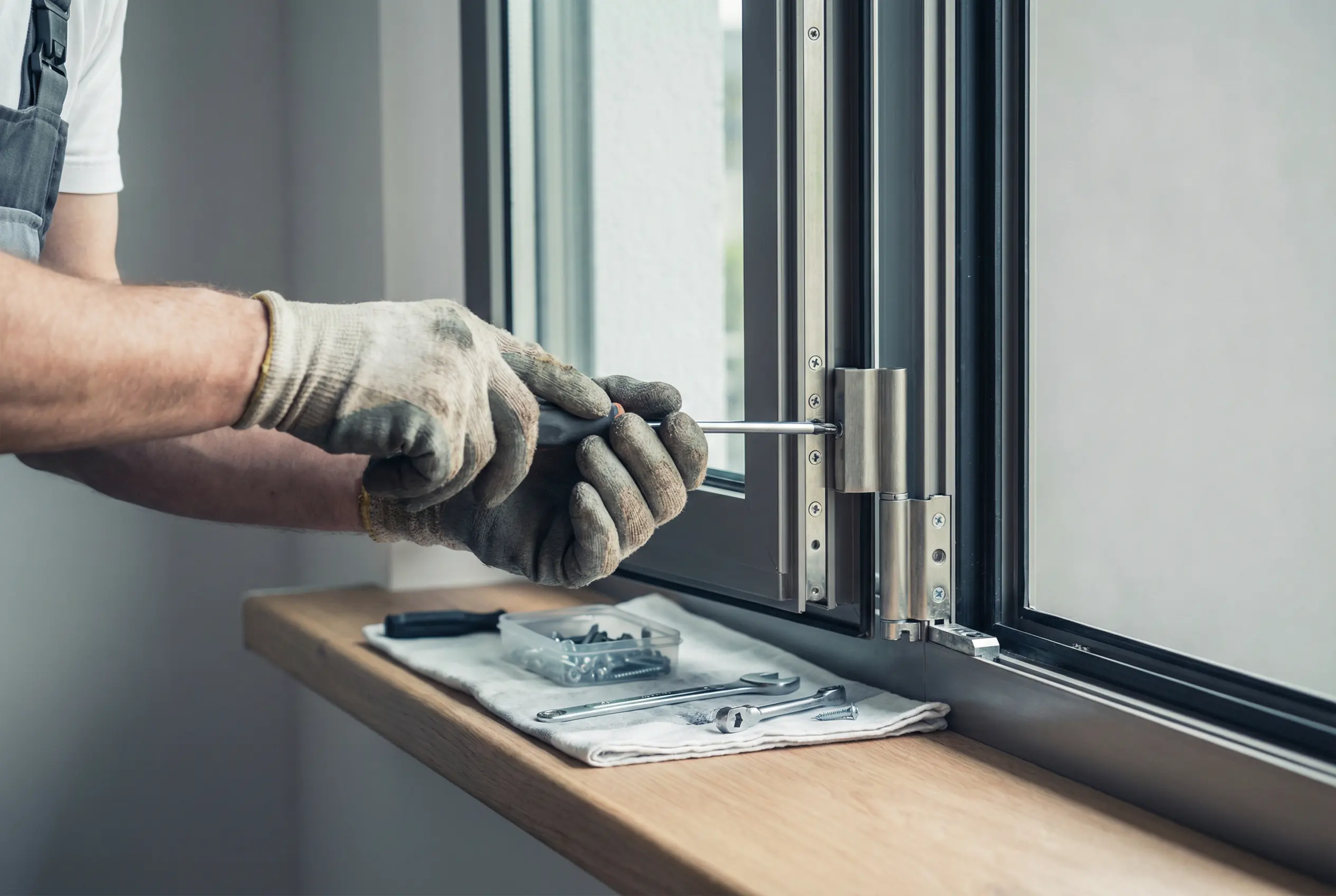 Handwerker stellt mit einem Schraubendreher das Fensterband eines Fensters nach